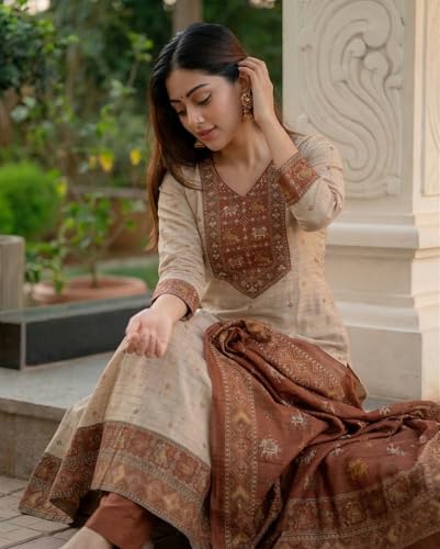 Image of ANNI Designer Kurta Sets for Women Viscose Printed | Kurta Pant Dupatta Set | A-Line Kurti Set for Women | Round Neck 3 /4 Sleeve Ethnic Suit | Designer Indian Kurti Outfit with Pants