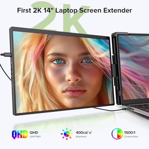 Image of UPERFECT Laptop Screen Extender, 2K 14 inch 360Unique Swivel Hinge w / 180 Automatic Rotation, 2240x1400 QHD IPS Portable Monitor for 14 inch-17'' Laptops, Plug & Play with Mac, Wins, Dex (Only one Screen)