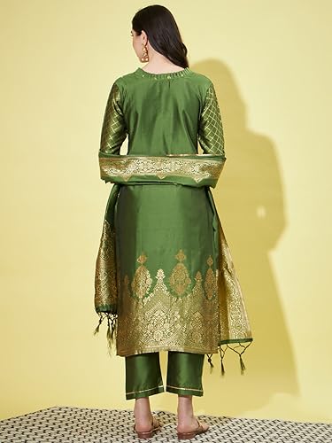 Image of VredeVogel Women's Cotton Silk Jacquard, Banarasi Silk Kurta Pant With Dupatta Set