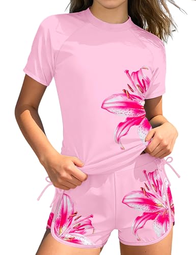 Image of AGAPENG Girls Swimsuit Two Piece Short Sleeve Rash Guard Floral Print Ruched Girls Bathing Suit UPF 50+ Swimwear for 9-16Y