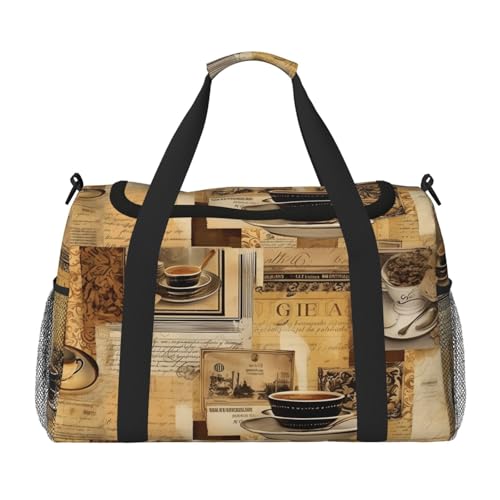 Vintage Coffee Duffle Bag for Travel Retro Newspaper Sports Gym Tote Carry On Bag Large Shoulder Weekend Overnight for Workout