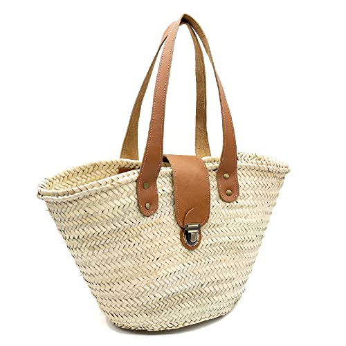 French Basket Straw Bag with Leather