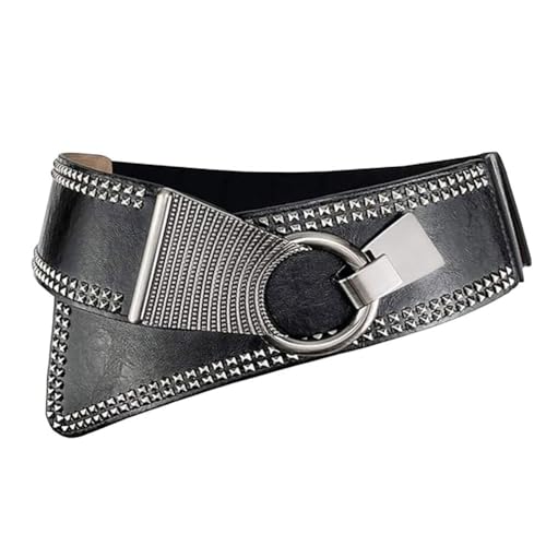 XGOPTS Women's Fashion Vintage Wide Elastic Stretch Rivet Cinch Leather Waist Belt With Interlock Punk Buckle Halloween Belt