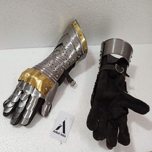 Image of AnNafi Armor Gauntlets Steel Gloves w Brass Accents Armor Pair, Medieval Knight Costume, Fully Wearable, Fully Functional Armor Gloves Warrior Metal Gauntlets Steel Crusader Cosplay Armour Costume