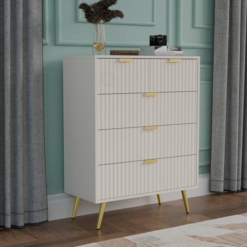 Image of Wooden Chest of Drawers | 5 Drawers Dresser Console Cabinet for Bedroom, Living Room, Drawing Room & Office | Sideboard Multipurpose Storage | HDMR Premium Wood & Iron (White & Golden)