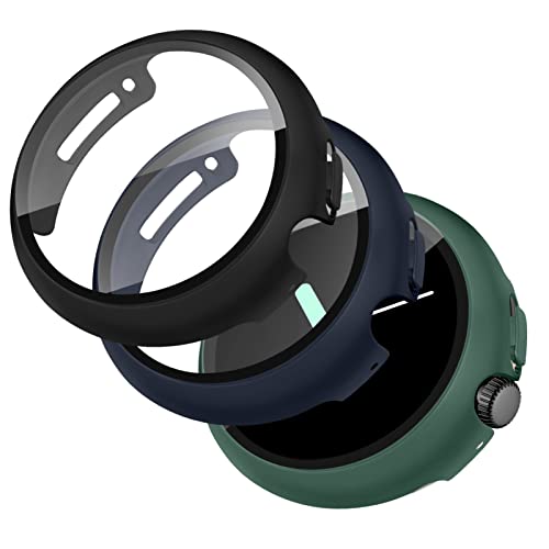 Coque Google Pixel Watch PC rigide et verre trempé, lot de 3 protections 41mm noir bleu vert