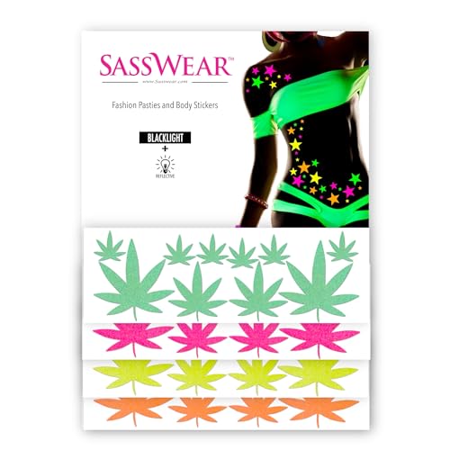 Sasswear Blacklight Body Stickers - Neon Fashion Accessories for Raves, Festivals and Glow Parties, 40/pk (Leaf)
