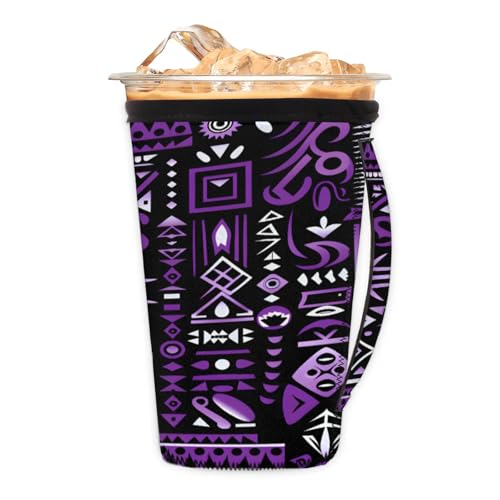 Beautiful Pattern Reusable Neoprene Coffee Sleeve with Handle Insulated Iced Coffee Cup Holder Reduces Condensation Fits 24-28 oz Cups M