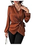 SweatyRocks Women's Wrap Satin Blouse Tie Knot Bishop Long Sleeve Elegant Business Work Shirts Brown Medium