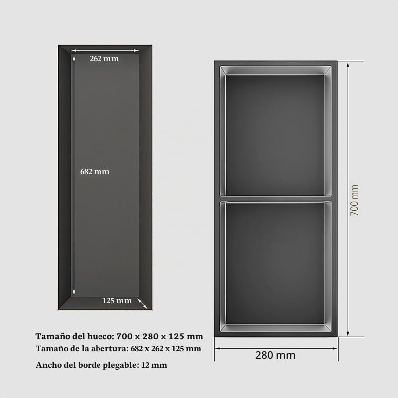 Nicho de Pared de Acero Inoxidable, nicho de Ducha Empotrado con luz LED, Estante Organizador Impermeable para Almacenamiento en el baño, no Necesita Azulejos (Negro, 70 x 28 x 12,5 cm)