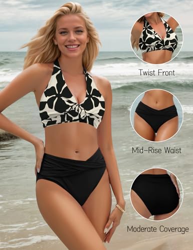 Image of Sopliagon Women's Bikini Sets Twist Front Two Piece Swimsuit Halter Bathing Suit
