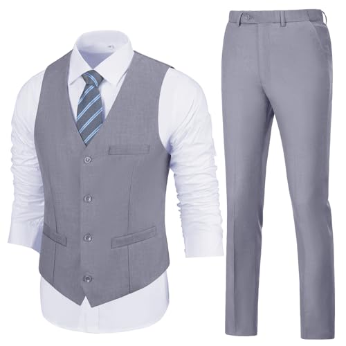 Mens Slim Fit 2 Piece Suit Set V-Neck Solid Dress Suit Vest Pants Wedding Prom Tuxedo for Men
