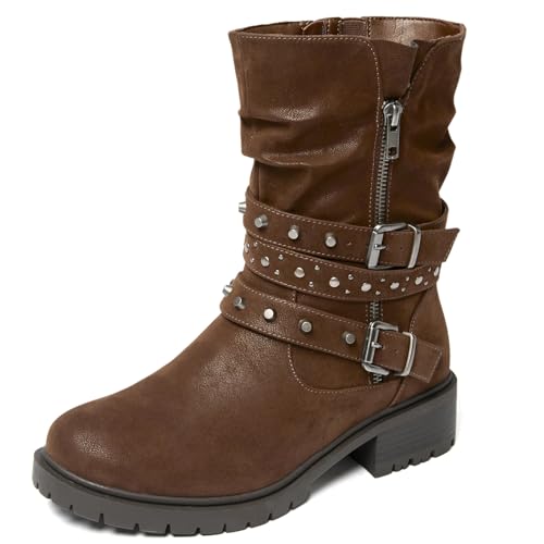 Women's Wide Width Ankle Boots True Plus Size Wide Foot Flat Slouchy Booties Comfort Riding Combat Rivet Short Boots for Women. 7 X-Wide Brown Pu 372