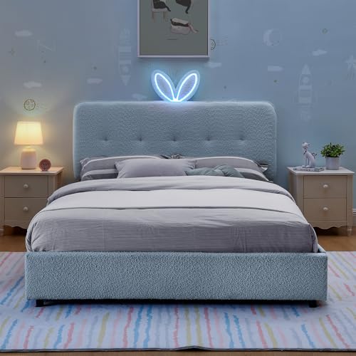 Image of Full Led Bed Frame with 4 Storage Drawer, Upholstered Platform Floor Bed with Rabbit Ear Headboard Daybed Strong Wooden Slats No Box Spring Needed for Kids Girls Boys, Blue