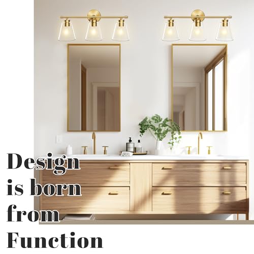 Image of Hamilyeah Gold Bathroom Vanity Light Fixtures Over Mirror, 3 Light Vanity Lights Clear Glass, Industrial Vanity Lighting Fixtures for Bath, Restroom