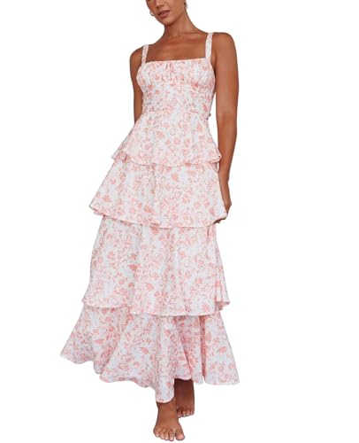 Image of Tiered Ruffle Dress Women Casual Summer Spaghetti Strap Sleeveless Floral Layered Maxi Dress for Women Beach Sundress