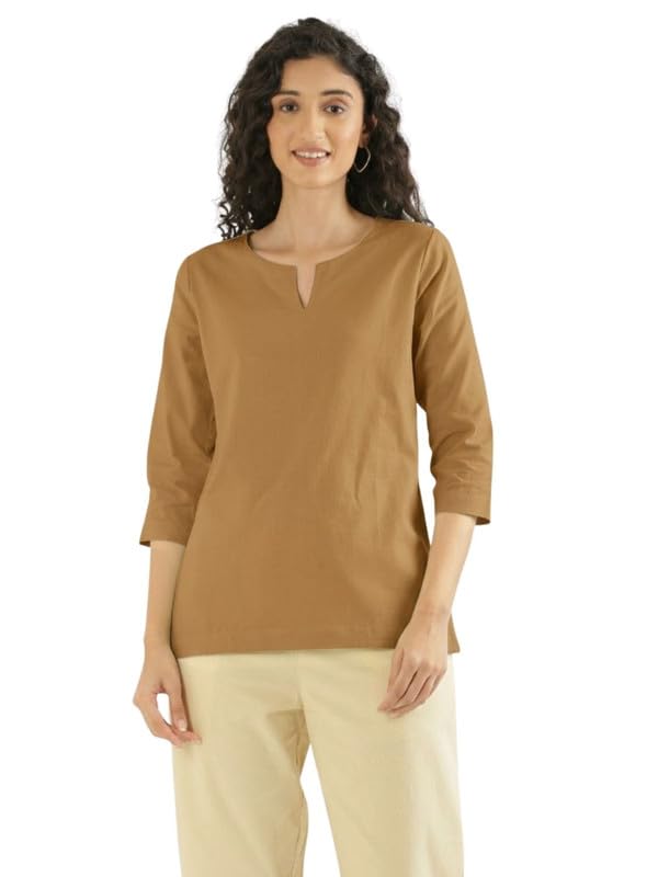 Image of SAADAA Airy Linen Split Neck Short Kurta for Women | Casual & Office Wear | 3 /4 Sleeves, Comfortable Fit | Elegant Top | Lightweight & Breathable Fabric |