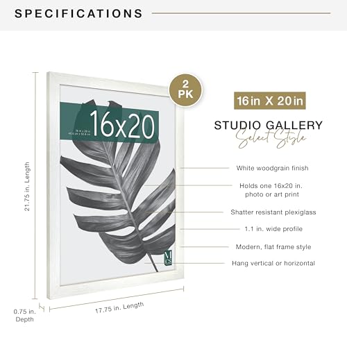 MCS Studio Gallery 16x20 Poster Frame White Woodgrain, Vertical & Horizontal Wall Hanging Large Picture Frame for Photos, Posters & Art Prints (2-Pack)