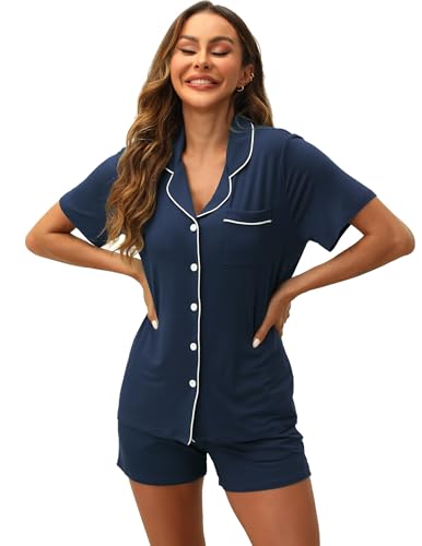 Image of ZMJ pijamas de mujer 2 Piece Sets for Women Summer Pajamas Lounge Short Sleeve Top and Shorts Pj Set Classic Blue, XL