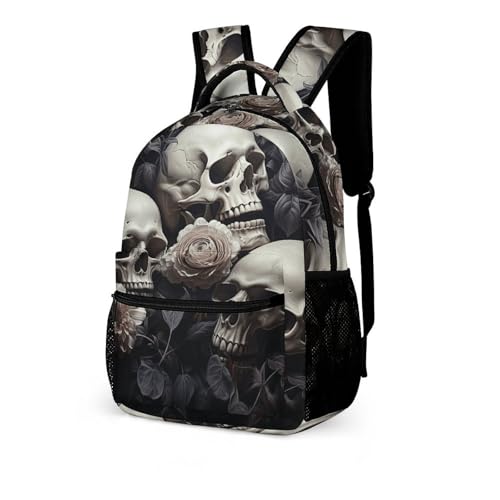 Black And White Flowers And Skull Backpack for Men Women, Durable Small Backpack Casual Lightweight Daypack for Travel Bag4