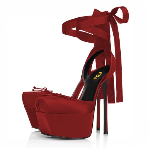 FSJ Women Lace-up Platform Stiletto Heel Pumps Square Toe Strappy Sky High Heels Sandals Sexy Wedding Bridal Party Shoes Size 4-16 US