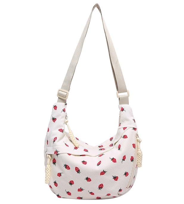 DOB SECHS Corduroy Crossbody Bag for Women Cute Strawberry Purse Cross Body Canvas Messenger Bags Slouchy Crescent Purses