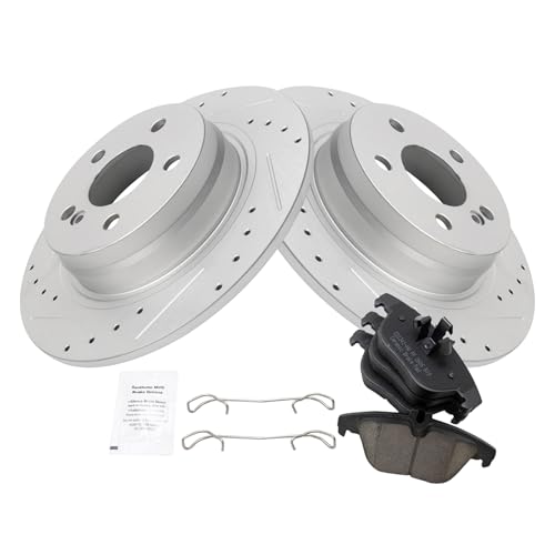 Image of TRQ Performance Rear Brake Pad and Rotor Set Ceramic Coated Drilled Slotted Compatible with 2008-2012 Mercedes-Benz C300 2012-2015 C250
