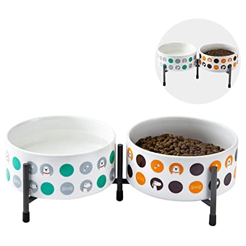 32 OZ Ceramic Raised Dog Bowls with Stand, 6 Inch Elevated Cat Dog Food and Water Bowls Set, Porcelain Pet Bowl Dish for Cats and Dogs, Dishwasher and Microwave Safe, Set of 2, Orange & Green Cover