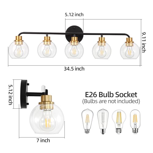 Image of 5 Light Bathroom Vanity Light, Black and Gold Bathroom Light Fixtures | with Clear Glass Shade Modern Wall Sconces Lighting Bath Wall Lights Lamp for Mirror Kitchen Living Room Bedroom Hallway