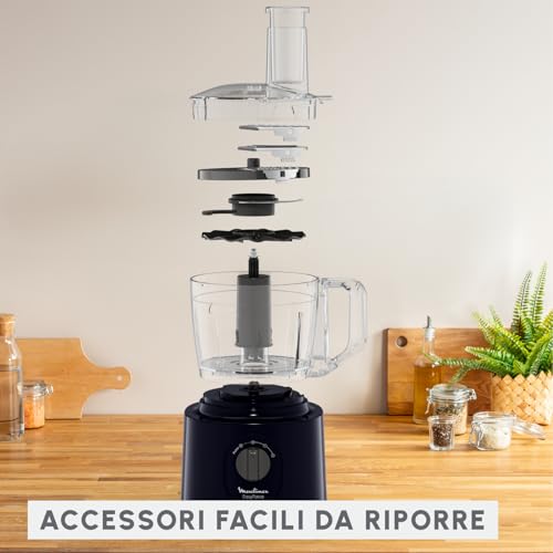 Robot da cucina multifunzione Moulinex Easy Force, 800 W, 25 funzioni, 2 velocità + Pulse, 6 accessori di cui 1 frullatore incluso, Compact FP247810, Blu notte - Immagine 3