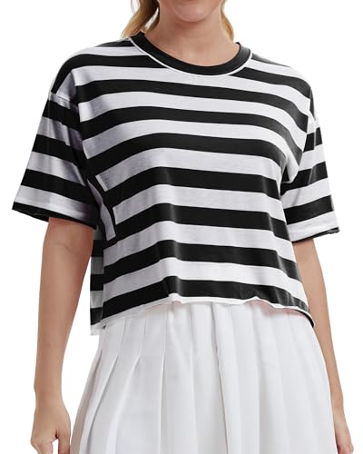 Image of HUGOOME Womens Oversized Workout Crop Top Casual Short Sleeve Boxy Roll Hem | Basic Half Split Sleeve Drop Shoulder Loose Yoga Running Gym Tee Cropped T-shirt Solid Trendy Relaxed Daily Tee