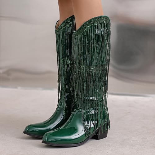 MRKEWUNEY Mode Kwast Cowboy Laarzen voor dames Metallic Cowgirl Mid-Calf Laarzen - Afbeelding 3