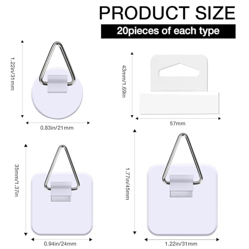 Image of 80 Pack Adhesive Picture Hangers Picture Hanging Hooks Without Nails Plastic Sticky Photo Bracket Hooks for Home Wall Art Photo Frame Bathroom Closet Closet Kitchen Door 4 Sizes