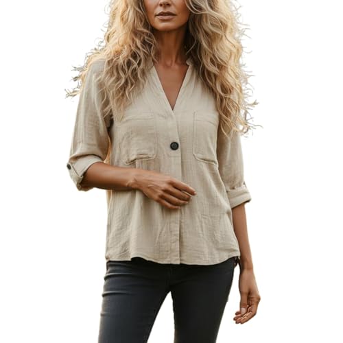 Blusa lino mujer cuello V manga corta tres cuartos camisa holgada verano S