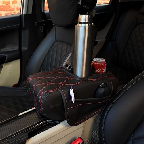 Image of Carigiri Nappa Leatherette,Foam ComfiRest Pro Car Armrest Cushion with Cup Holder| Arm Cushion| Universal for All Cars|Armrest with Mobile Holder (Red,Utility Pockets,Dual Cup Holder,Mobile Holder)