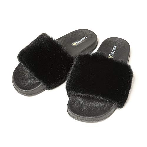 Fur Story Women's Faux Fur Slides for Outdoor Furry Leopard Print Fur Slipper Black - Thumbnail 4