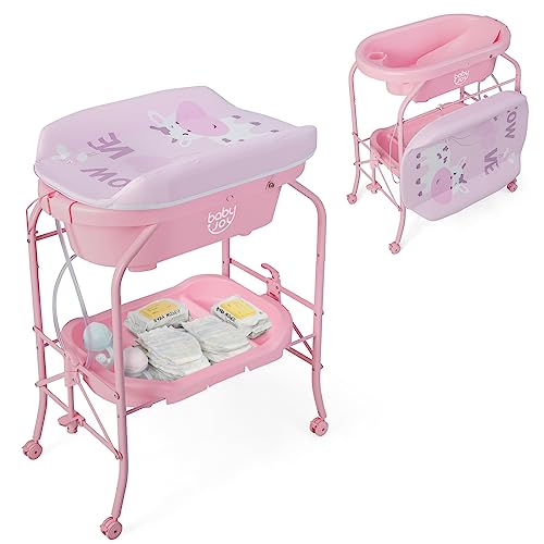 Image of BABY JOY Baby Bathtub with Changing Table, Foldable Infant Diaper Changing Station with Storage Tray, Waterproof Pad, Portable Newborn Nursery Organizer Bath Stand with 4 Universal Wheels (Pink)