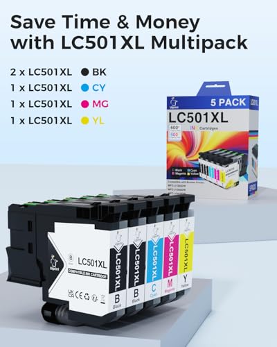 Image of 5 Pack High Yield LC501XL LC501 Ink Cartridges for Brother Printer MFC-J1360DW MFC-J1410DW MFC-J1260W Replacement for Brother LC501XL LC501 Series Inks, Up to 3000 Pages(2BK /C /M /Y)