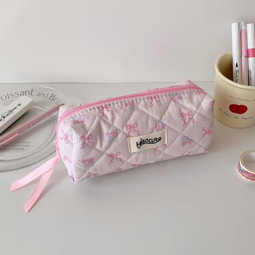 Image of Carry bloom Pencil Pouch Cute Pencil Case for Girls Aesthetic Pencil Bag with Zipper Pen Cases School Supplies Makeup Bag (bow flower pink)