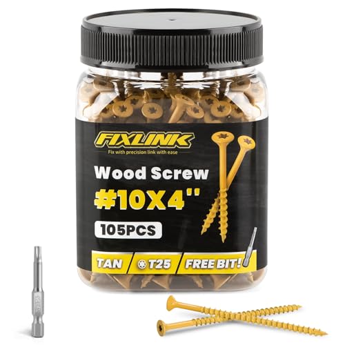 Image of Wood Screws 4 Inch, FIXLINK Deck Screws #10 x 4, 105 PCS, Epoxy Coated, T25 Star Bit Above 1500 Hour Salt Spray Coating Outdoor Decking Screws Excellent Rust Resistant for Wood Fence, Tan
