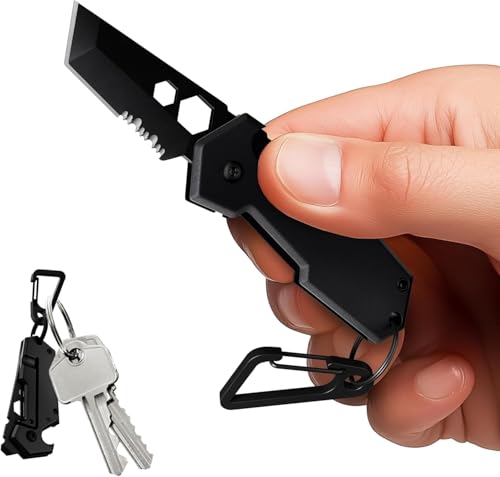 Image of Mini Keychain Knife with Carabiner - 1.3 inch Tanto Serrated Blade - 6 in 1 Black Multitool - Bottle Opener Box Cutter Liner Lock - EDC Gadgets - Legal Folding Small Pocket Knives for Men Women 2248 MB