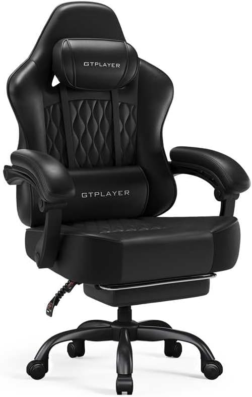 GTPLAYER Big and Tall Gaming Chair with Footrest, Ergonomic Office Chair, 4.4in Thick Cushion, Predator Series, Black