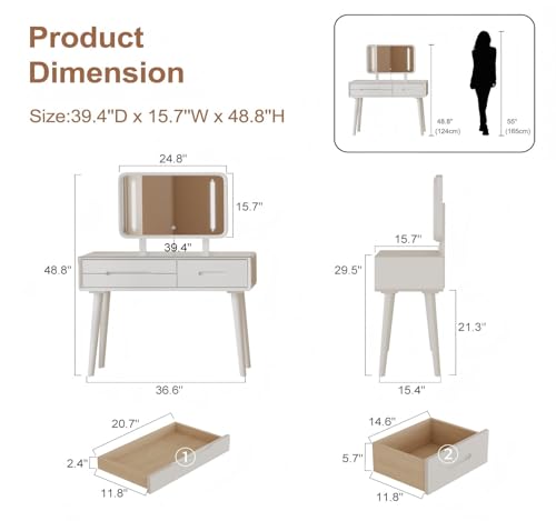 Image of KungFuWood Soild Wood Vanity Table 40 in with 3 Lighting Modes Mirror High Adjustable, Make Up Desk Large Dressing Table, Makeup Vanity 3 Drawer Dresser Vanity Table