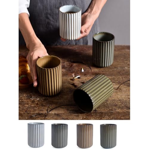 YOKIOU Juego de 4 tazas de té de cerámica para cambiar el horno, tazas de té vintage a rayas, taza de vino personalizada, taza de café creativa de cerámica áspera taza de regalo