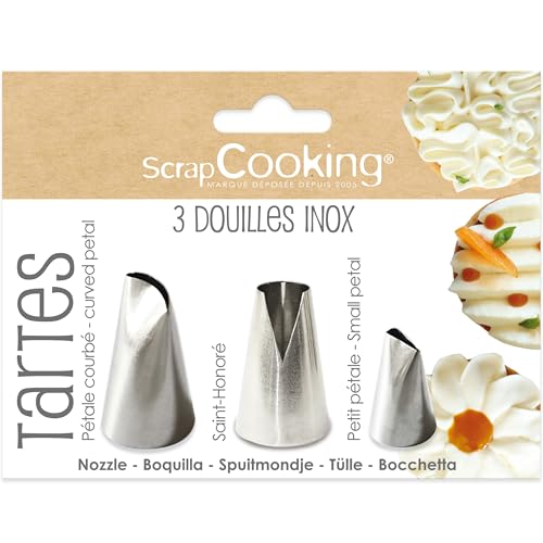 ScrapCooking 1836 - Juego de 3 boquillas para tartas de acero inoxidable de calidad profesional con puntas de bolsillo para tartas, decoración de tartas de postre