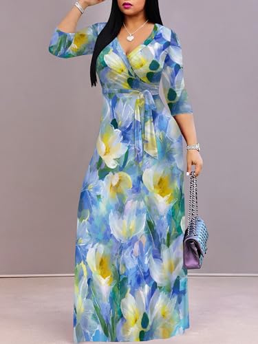 Image of Women's V Neck Floral Maxi Dress 3 /4 Sleeve Plus Size Boho Wrap Flowy Long Dresses with Belt
