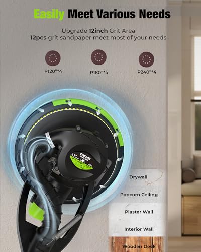 Drywall Sander - ETOOLAB Electric Drywall Sander 1000-2100RPM with Auto Dust Collection 360° Swivel Head, Powerful Wall Sander with 5 Variable Speed LED Lightfor Ceilings, Floors Discs Sander