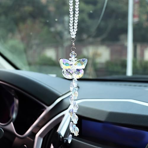 Image of Crystal Butterfly Car Rear View Mirror Hanging Ornament Lucky Butterfly with Fishes Tassel Bead Sun Catcher Pendant Car Interior Decoration Accessories