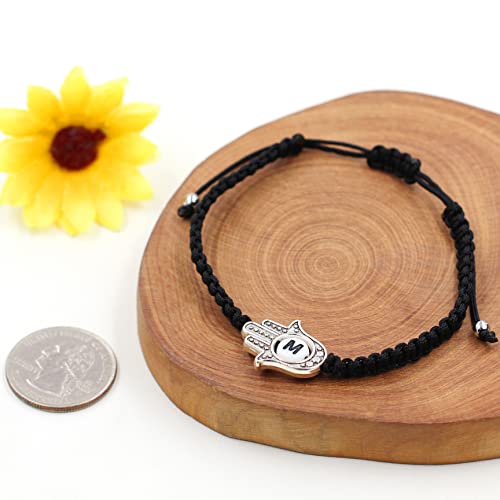 Image of Uloveido Customized A to Z 26 Letters Hand of Fatima Bracelet - Fatima Hamsa Hand Evil Eye Protection Bracelet Lucky Charm Adjustable Braided Black String