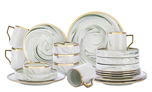 Homevss, Fine China Artisan Marbled 20Pc Dinner Set, Green With Gold Line, 20Pc Set #TOP1